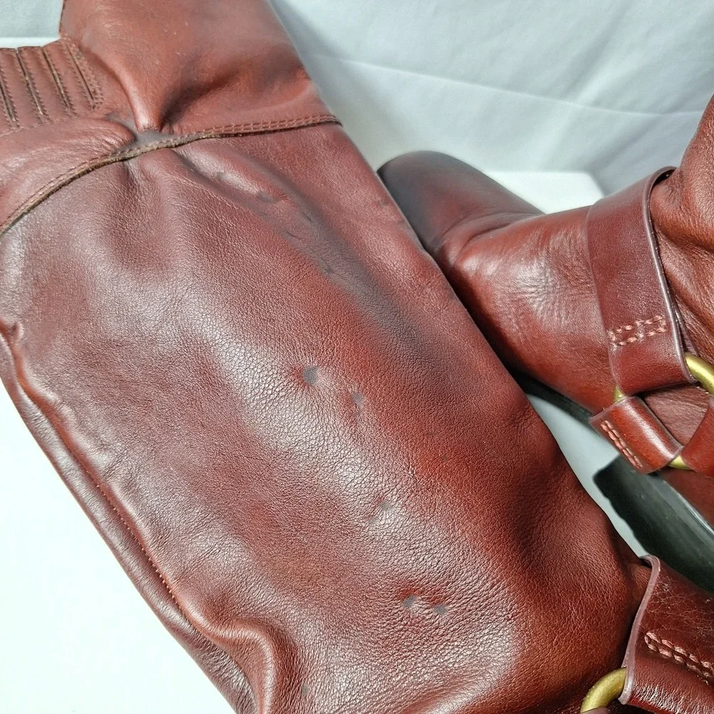 LUCKY BRAND Leather Knee High Boots Sz 9 Bordeaux Harness Buckle Western Cowgirl